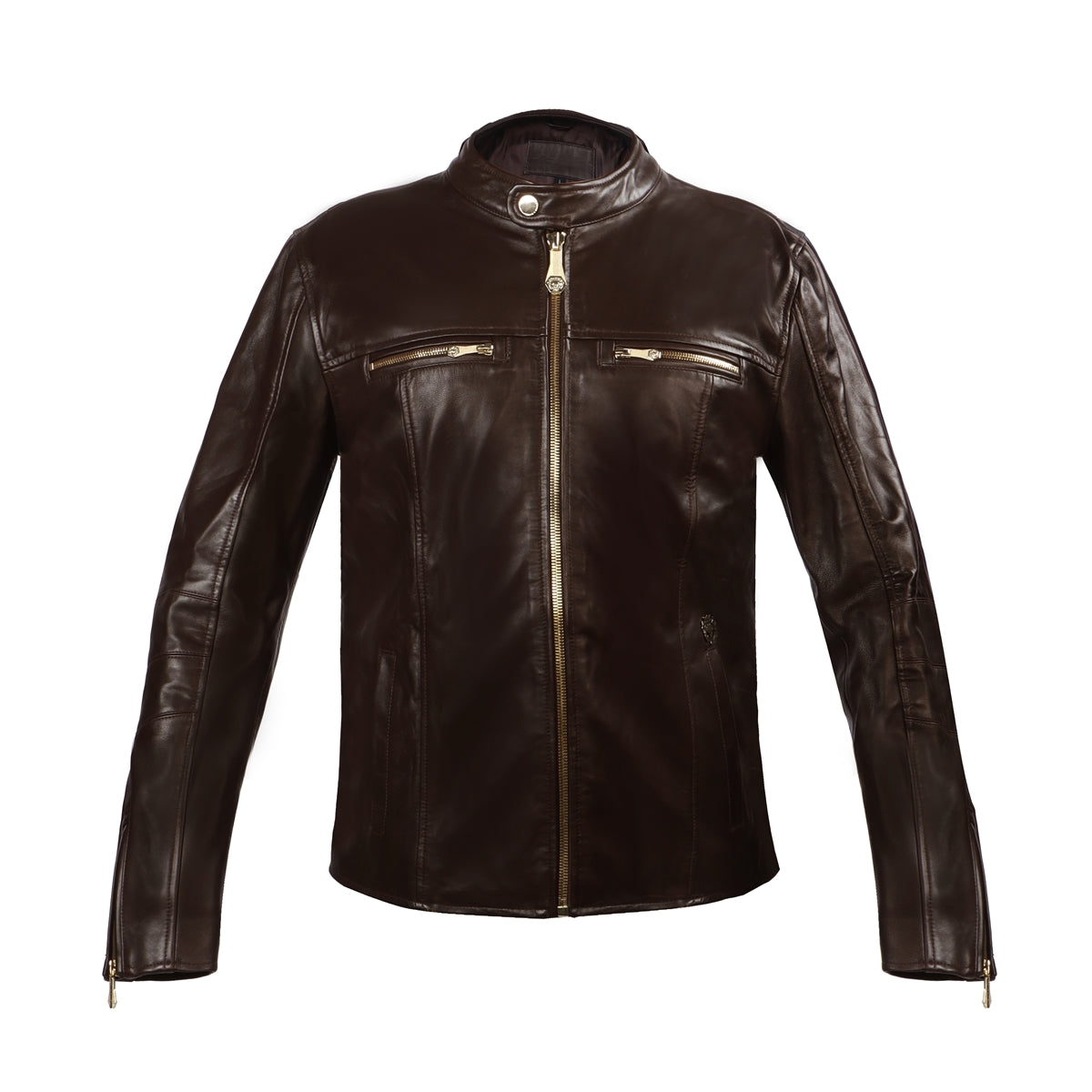 Classic Ban Neck Collar Dark Brown leather Jacket Front Zipper Pockets  By Brune & Bareskin