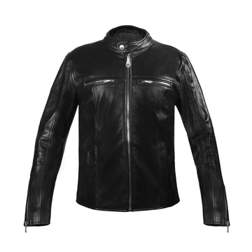 Men's Black leather Jacket with Band Neck Collar Front Zipper Pockets By Brune & Bareskin