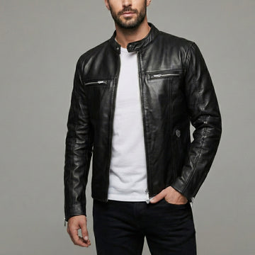 Men's Black leather Jacket with Band Neck Collar Front Zipper Pockets By Brune & Bareskin