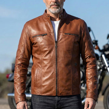 Classic Ban Neck Collar Front Zipper Pockets Tan Men Leather Jacket