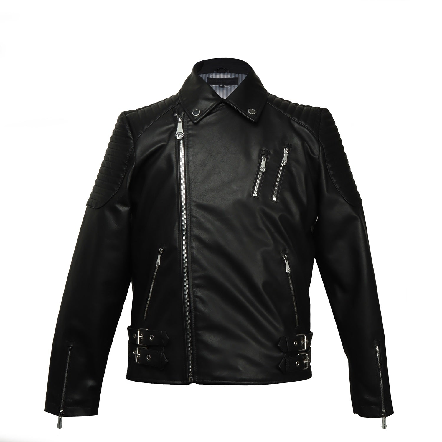 Black Dual Buckle stud with slanted zip leather jacket by Brune & Bareskin