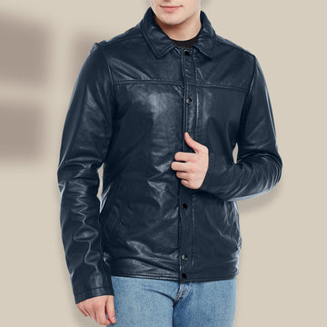Men'S Shirt Style Collar Smoky Blue Leather Jacket