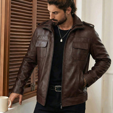 Dark Brown Double Collar Edition Leather Jacket with Shoulder Loops