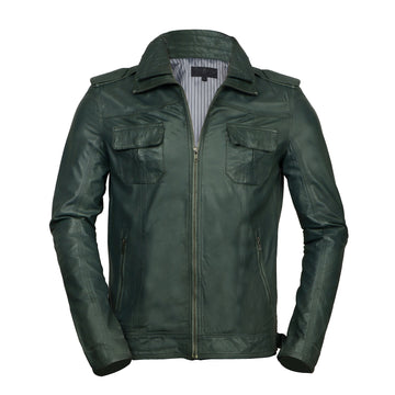 Double Collar Slim-Fit Multi Pockets Men's Green Leather Jacket By Brune & Bareskin