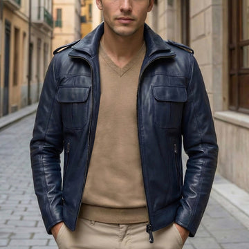 Blue Leather Double Collar Edition Jacket with Shoulder Loops