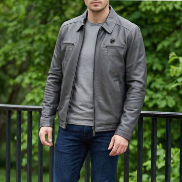 Grey Club Collar Dual Zip Pockets Men Leather Jacket By Brune & Bareskin