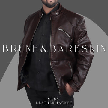 Modern Look Dark Brown Leather Jacket Buckle Style Ban Collar Zip Closure By Brune & Bareskin