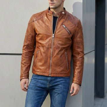 Modern Look Zip Closure Tan Leather Jacket By Brune & Bareskin