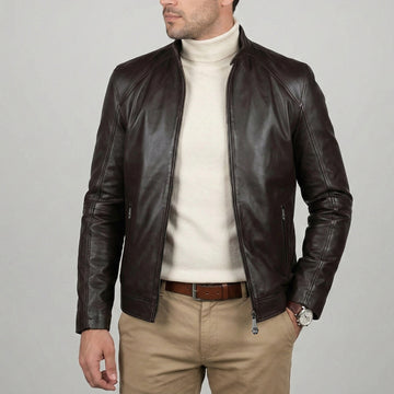 Ban Neck Collar Men's Leather Jacket Classic Dark Brown Color Front Zipper Pockets By Brune & Bareskin