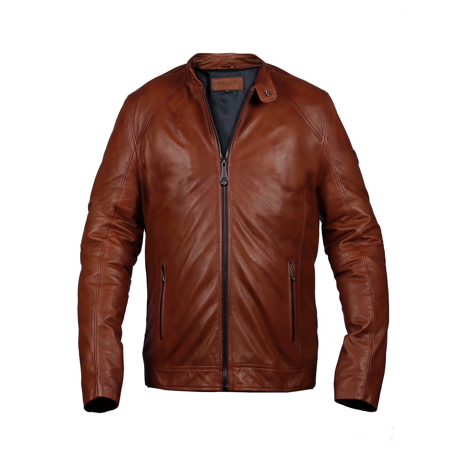 Classic Tan Ban Neck Collar Front Zipper Pockets Men's Leather Jacket By Brune & Bareskin