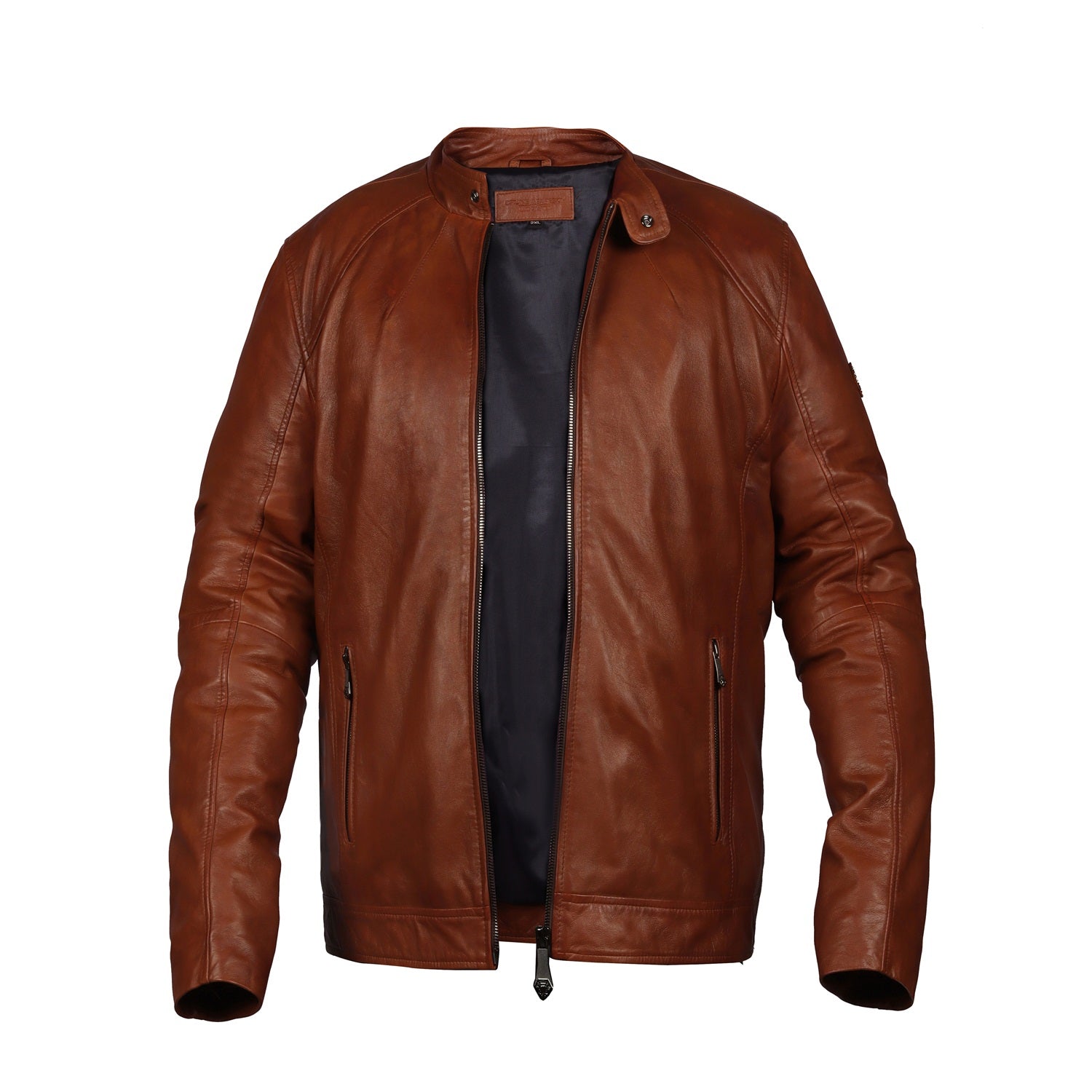 Classic Tan Ban Neck Collar Front Zipper Pockets Men's Leather Jacket
