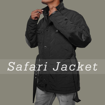 Standing Collar Black Puffer Jacket with Adjustable Waist Belt Zipper Snap Button By Brune & Bareskin