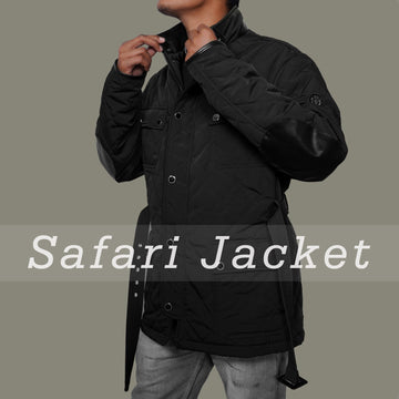 Standing Collar Black Puffer Jacket with Adjustable Waist Belt Zipper Snap Button By Brune & Bareskin
