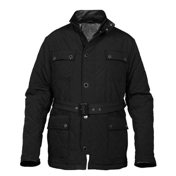 Standing Collar Black Puffer Jacket with Adjustable Waist Belt Zipper Snap Button By Brune & Bareskin