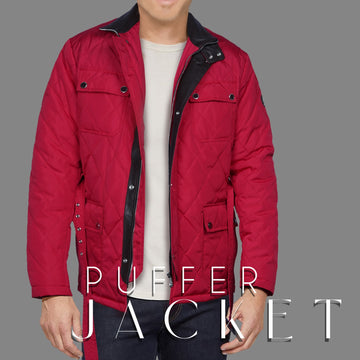 Standing Collar Red Puffer Jacket with Adjustable Waist Belt Zipper Snap Button