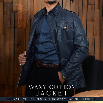 Blue Coat & Jacket with Contrasting Waxy Cotton and Leather Trims,