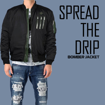 Tri-Zip Pockets Standing Collar Black Contrasting Green Puffer Bomber Jacket by Brune & Bareskin
