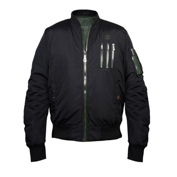 Tri-Zip Pockets Standing Collar Black Contrasting Green Puffer Bomber Jacket by Brune & Bareskin