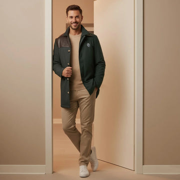 Green Premium Polyester Jacket with Genuine Leather Detailing