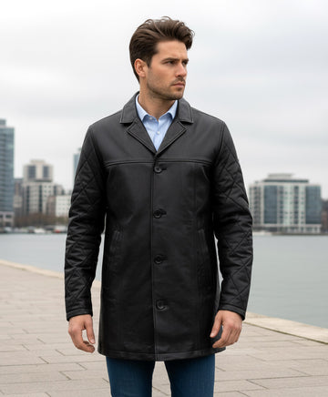 Premium Long Black Leather Jacket with Shirt-Style Collar