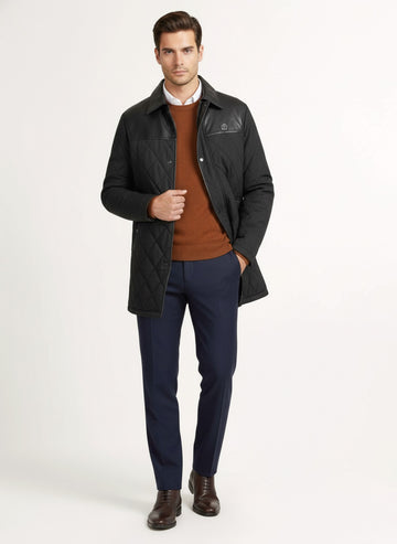 Quilted Puffer Jacket in Black with Leather Finish