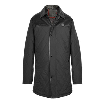 Quilted Puffer Jacket in Black with Leather Finish