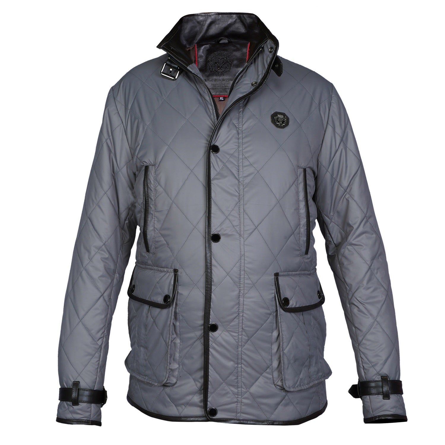 Contrasting Leather Trims Grey Puffer Coat Jacket For Men