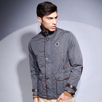 Contrasting Leather Trims Grey Puffer Coat Jacket For Men