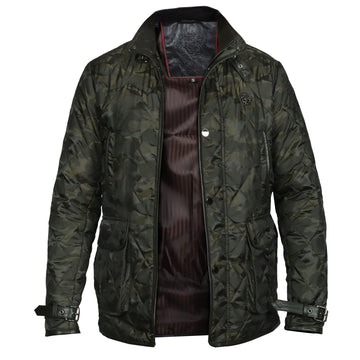 Contrasting Camo Style Puffer Jacket with Dark Brown Leather Trims