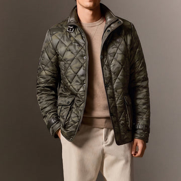 Contrasting Camo Style Puffer Jacket with Dark Brown Leather Trims