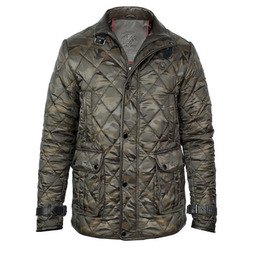 Contrasting Camo Style Puffer Jacket with Dark Brown Leather Trims