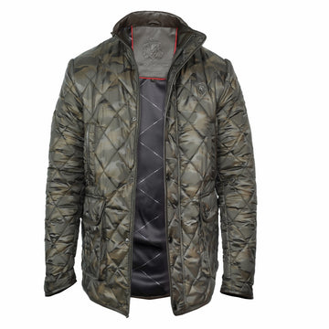 Contrasting Camo Style Puffer Jacket with Dark Brown Leather Trims