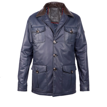 Blue Waxy Cotton Field Jacket with Contrasting Brown Leather Collar