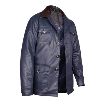 Blue Waxy Cotton Field Jacket with Contrasting Brown Leather Collar