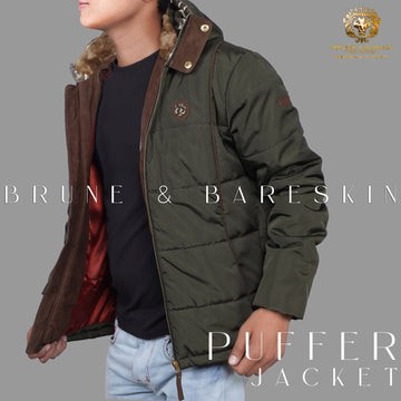 Hoodie Green Puffer Genuine Leather Trim Jacket by Brune & Bareskin