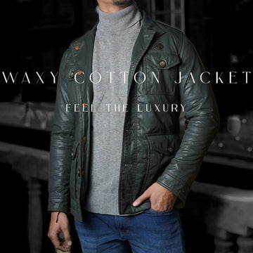 Men's Green Coat & Jacket with Contrasting Waxy Cotton and Leather Trims,