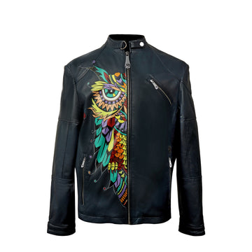Hand-painted Suger-skull Owl Smokey Blue Leather Jacket By Brune & Bareskin