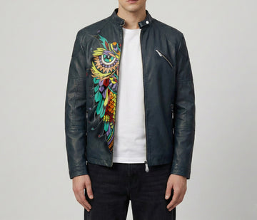 Hand-painted Suger-skull Owl Smokey Blue Leather Jacket By Brune & Bareskin