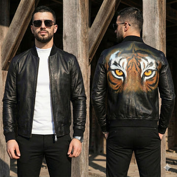 Brune & Bareskin Men's Rib Collar zipper Handmade Lion Logo Printed  Black Leather  Jacket