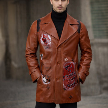 Hand Painted "Will-Skill" Multi-Color Quoted Tan Leather Jacket Coat By Brune & Bareskin