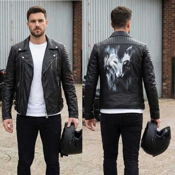 Hand-Painted "BHEDIYA"(WOLF) Black Dual Buckle Zip Closure Leather Jacket By Brune & Bareskin