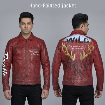Forest Inspired Deer Horns Multi-Color Quoted Wine Hand Painted Leather Jackets By Brune & Bareskin