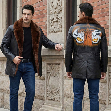 Backside Hand Painted Tiger Eyes With Super Soft Classic Fur Collar Black Leather Coat For Men By Brun & Bareskin
