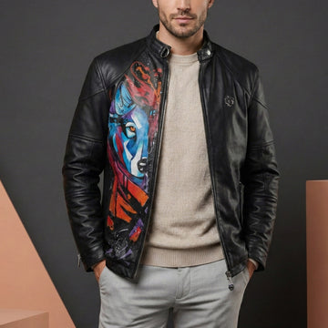 Hand Painted Wolf Half Face Zipper Pockets Black Leather Jacket For Men By Brune & Bareskin