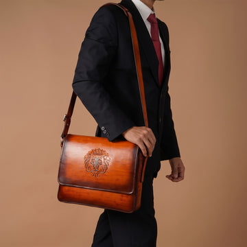 Brune & Bareskin Lion King Tan Hand Painted Veg Tanned Leather Messenger Bag