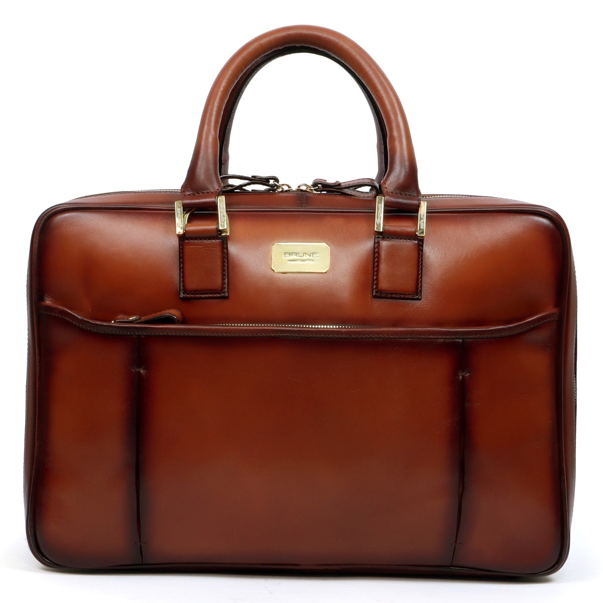 Tan Leather Laptop Briefcase Bag with Double Zipper Compartment