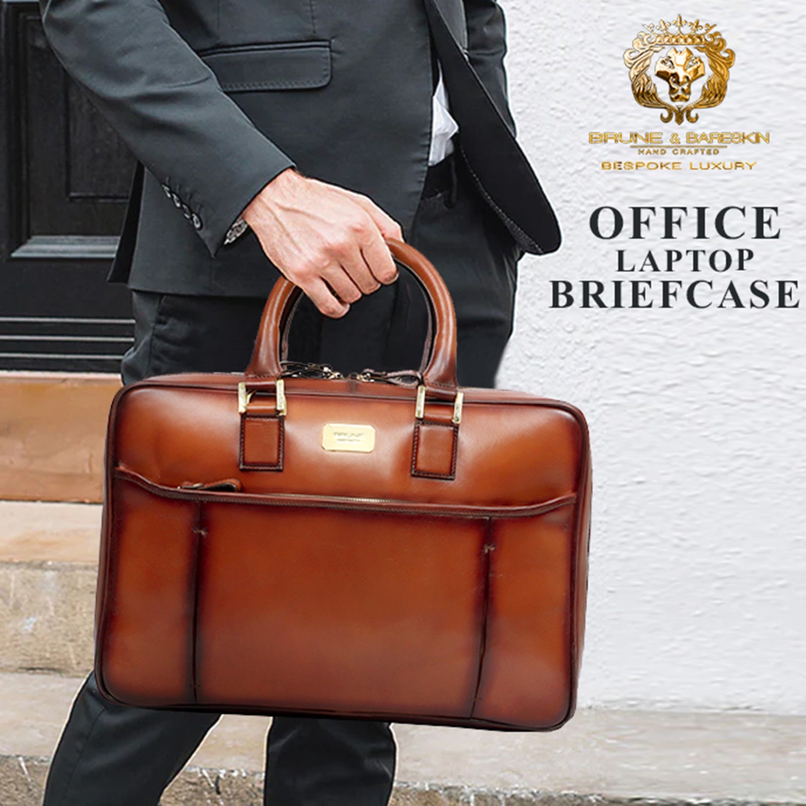 Tan Leather Laptop Briefcase Bag with Double Zipper Compartment