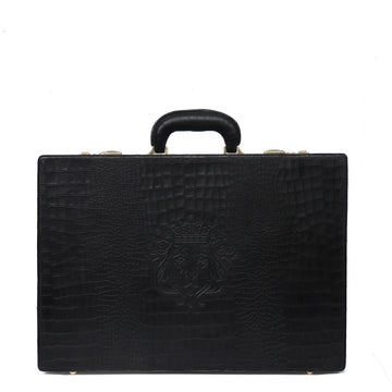 Black Office Briefcase With Secured Number Lock In Croco Textured Leather