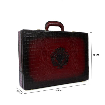 Multi-Functional Office Briefcase in Wine Croco Textured Leather with Embossed Lion