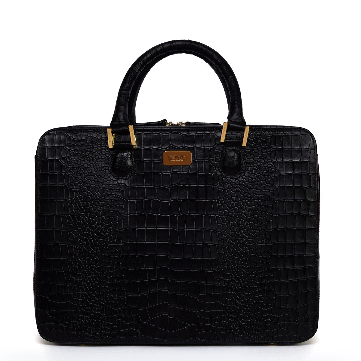 Black Laptop Briefcase In Croco Textured Leather